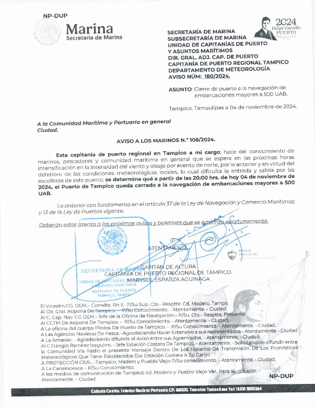 Cierre de puerto a la navegación de embarcaciones mayores a 500 UAB.