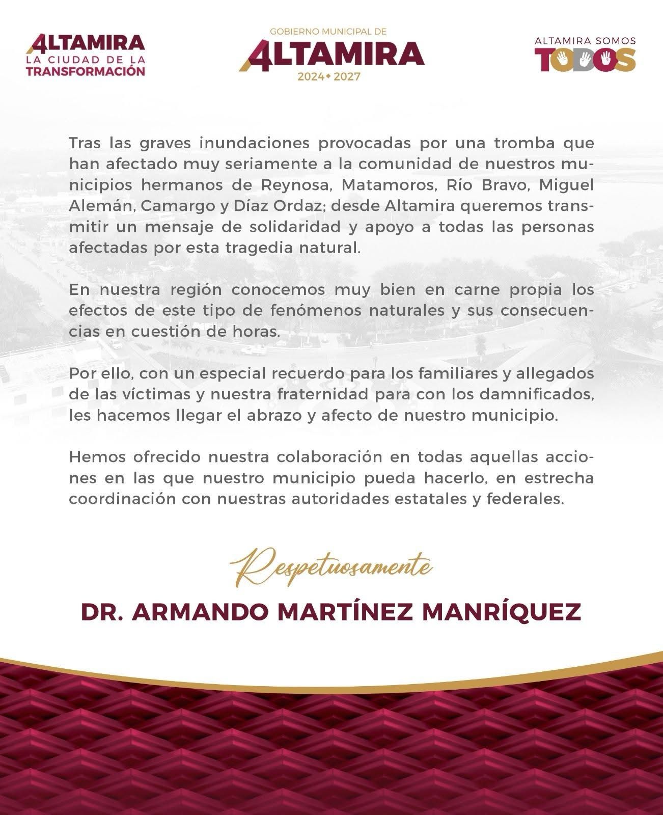 Altamira se solidariza con municipios afectados por fuertes lluvias