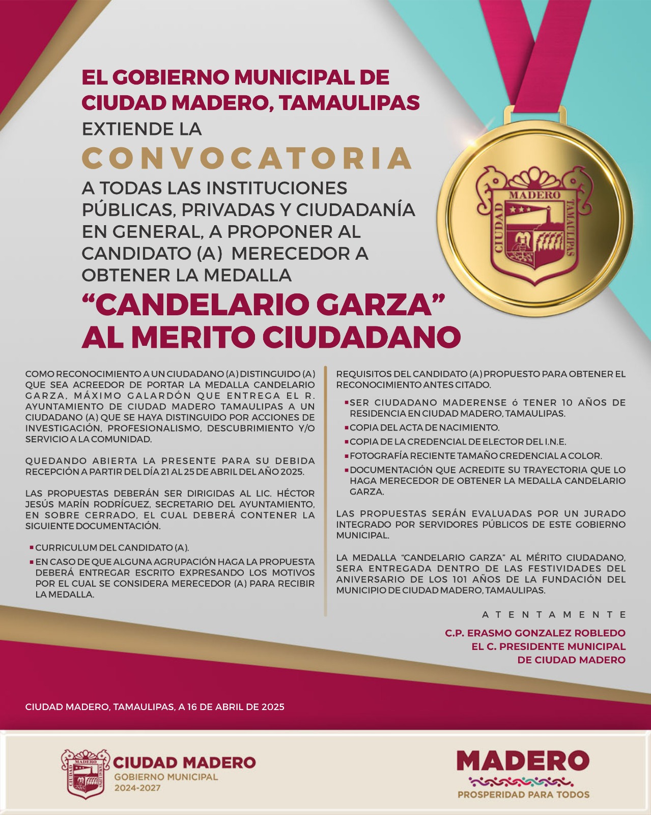 Convoca Gobierno de Ciudad Madero a proponer la distinción de entrega de Medalla Candelario Garza