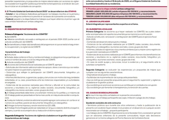 Presenta Contraloría Gubernamental convocatoria “V Premio Estatal de Contraloría Social 2025”