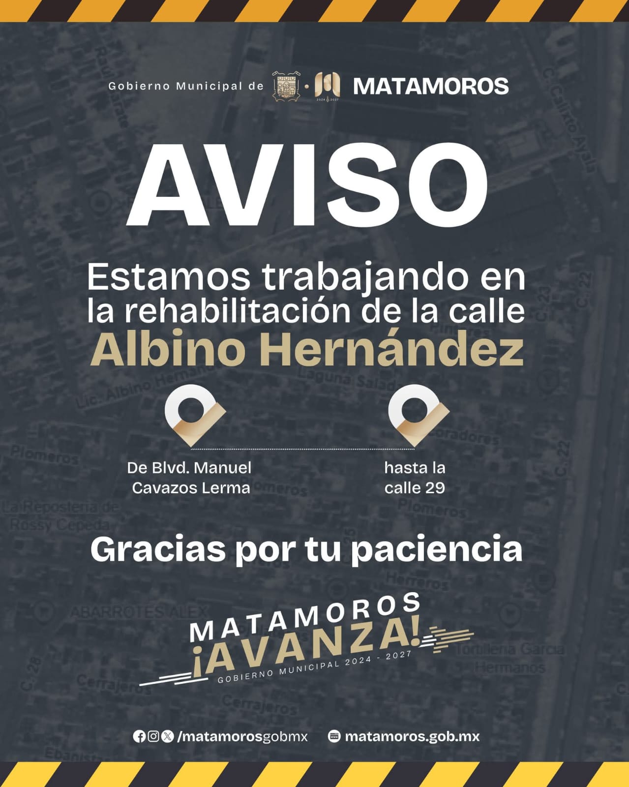 Importante aviso del Gobierno Municipal por obra de rehabilitación en la colonia Obrera