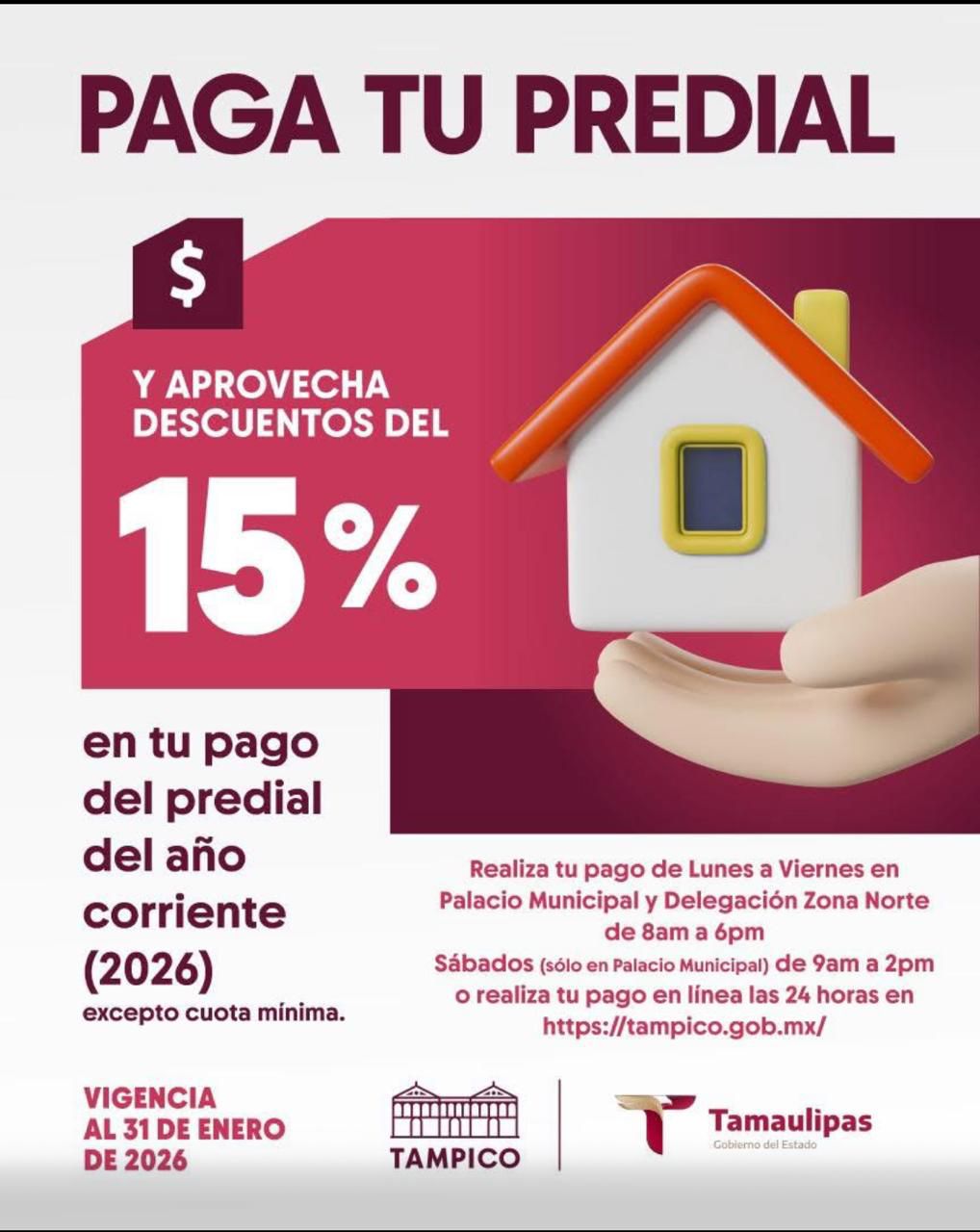 Ofrece Gobierno de Tampico el 15% en el pago del Predial 2026