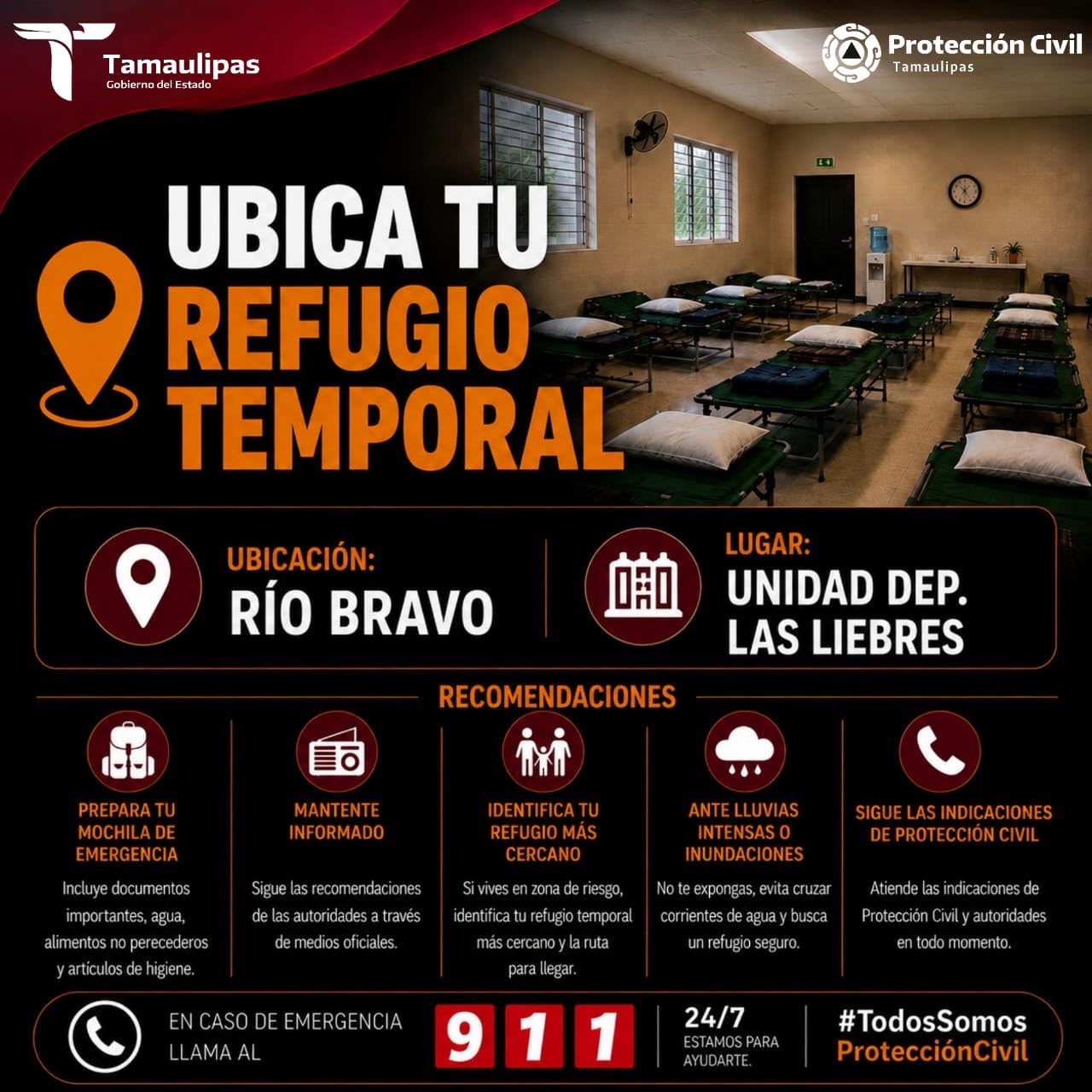 Habilita Protección Civil refugios temporales en Reynosa, Matamoros y Río Bravo ante condiciones meteorológicas